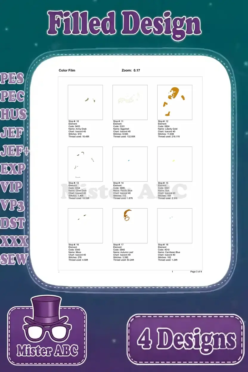 Second page of the color film for the Beast and Belle embroidery design, illustrating middle stitch color stops and sequence.