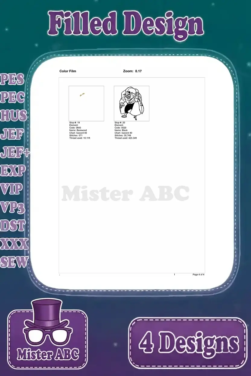 Third page of the color film for the Beast and Belle embroidery design, illustrating final stitch color stops and outlines.