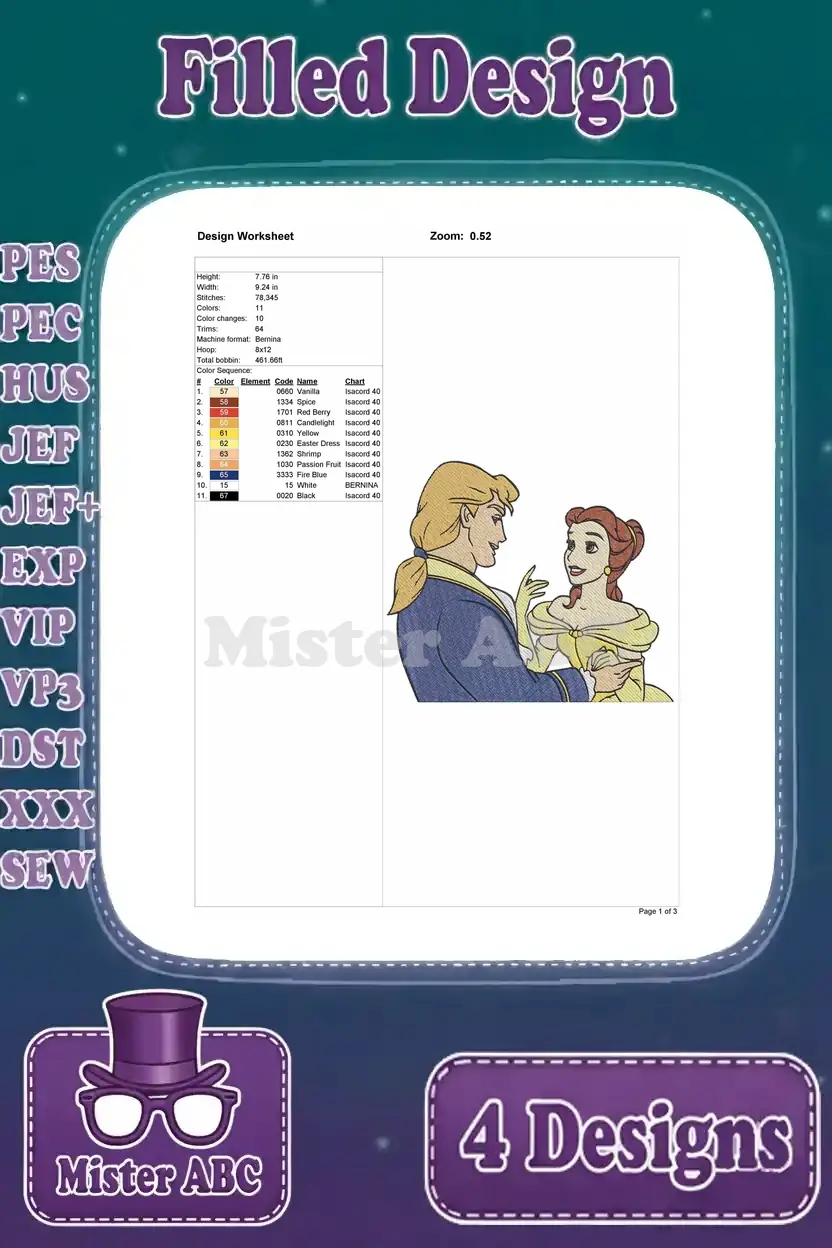 Detailed design worksheet for the second Beauty and the Beast embroidery pattern, showing stitch count, size, and color chart.
