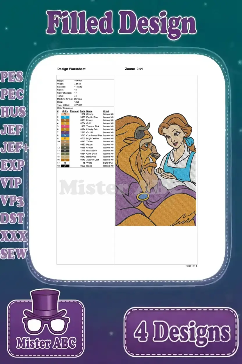 Detailed design worksheet for the third Beauty and the Beast embroidery pattern, showing stitch count, size, and color chart.