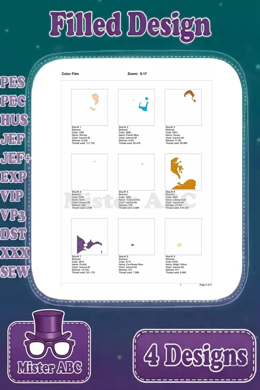 First page of the color film for the Beast and Belle's Gaze embroidery design, illustrating initial stitch color stops.
