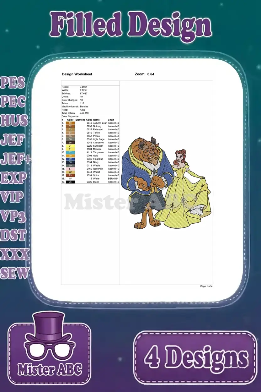 Detailed design worksheet for the fourth Beauty and the Beast embroidery pattern, showing stitch count, size, and color chart.