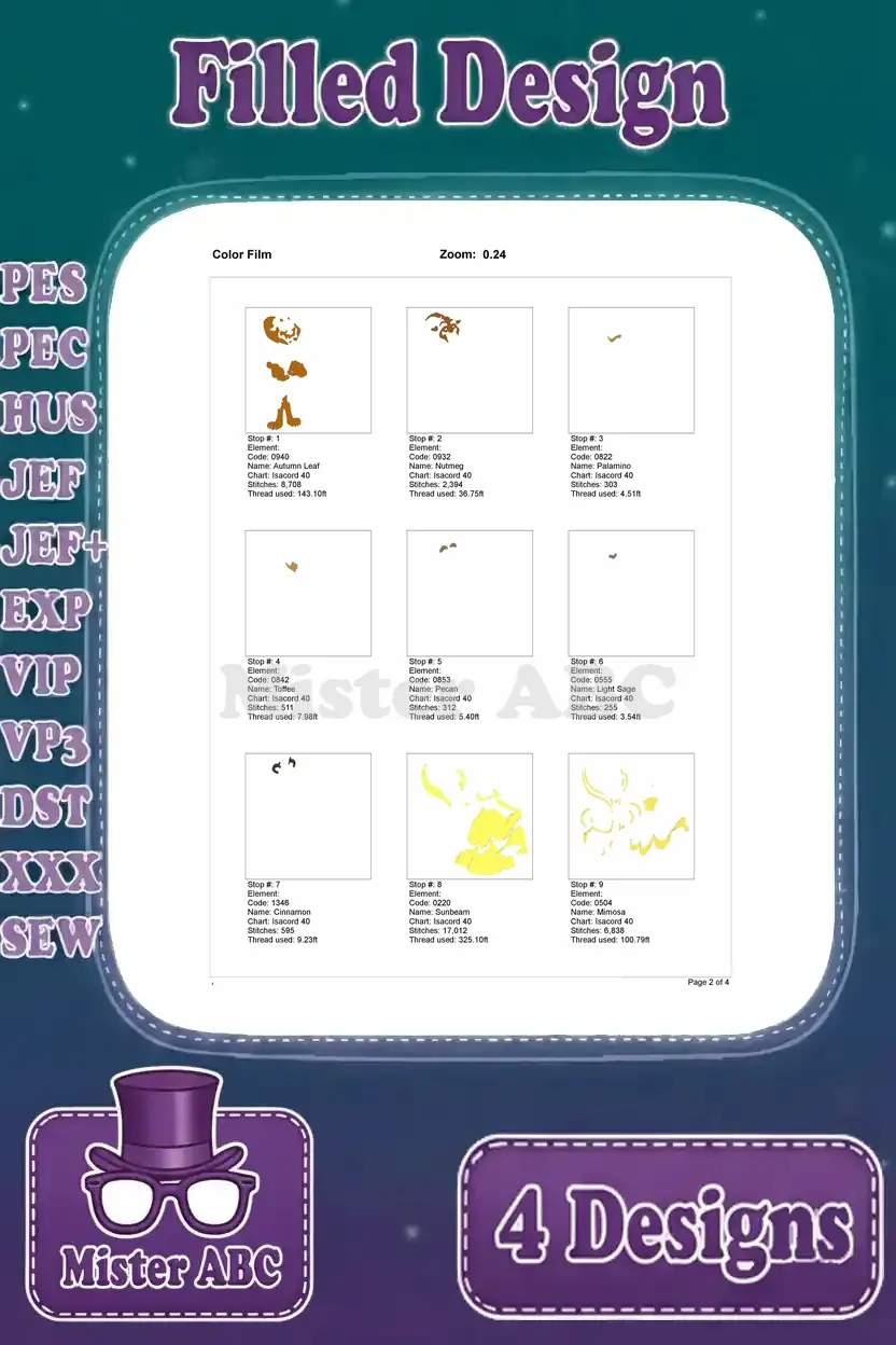 First page of the color film for the Beast and Belle Ballgown Dance design, illustrating initial stitch color stops.