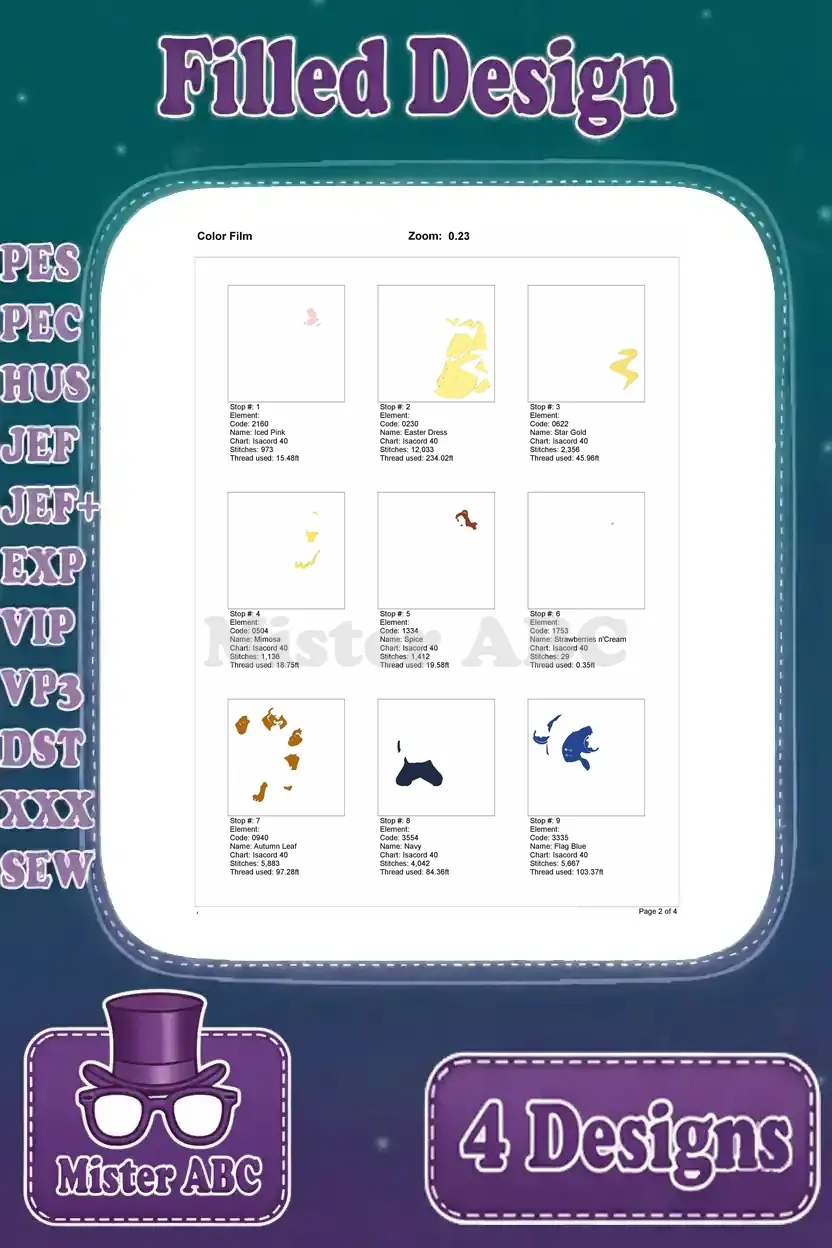 Color film page 2 for the first Belle and Beast design, illustrating initial thread stops and color layers.