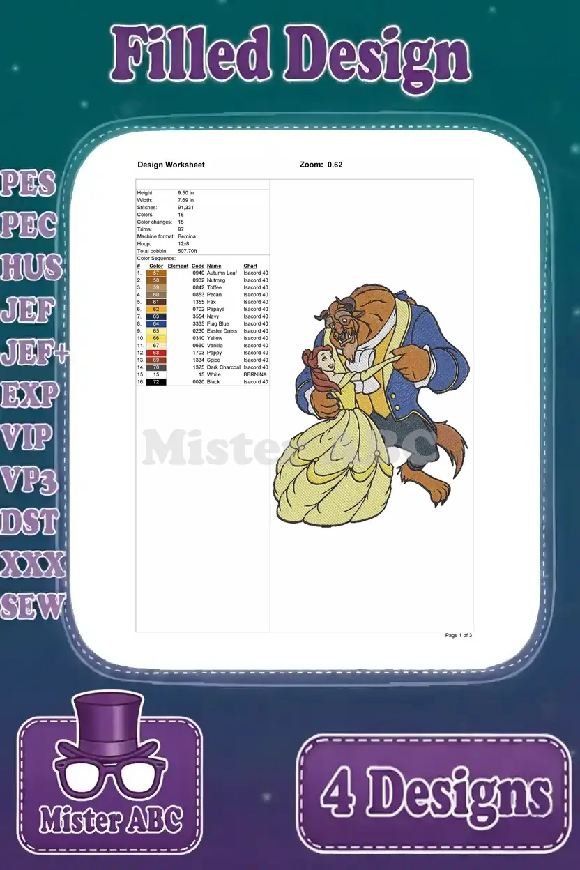 Design worksheet for the second Belle and Beast embroidery, detailing stitch count, dimensions, and color chart.