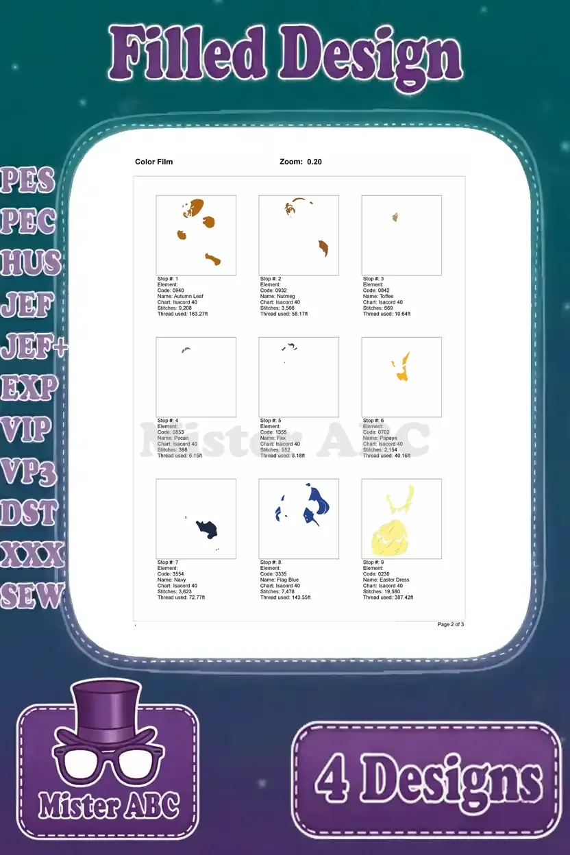 Color film page 2 for the second Belle and Beast design, illustrating initial thread stops and color layers.