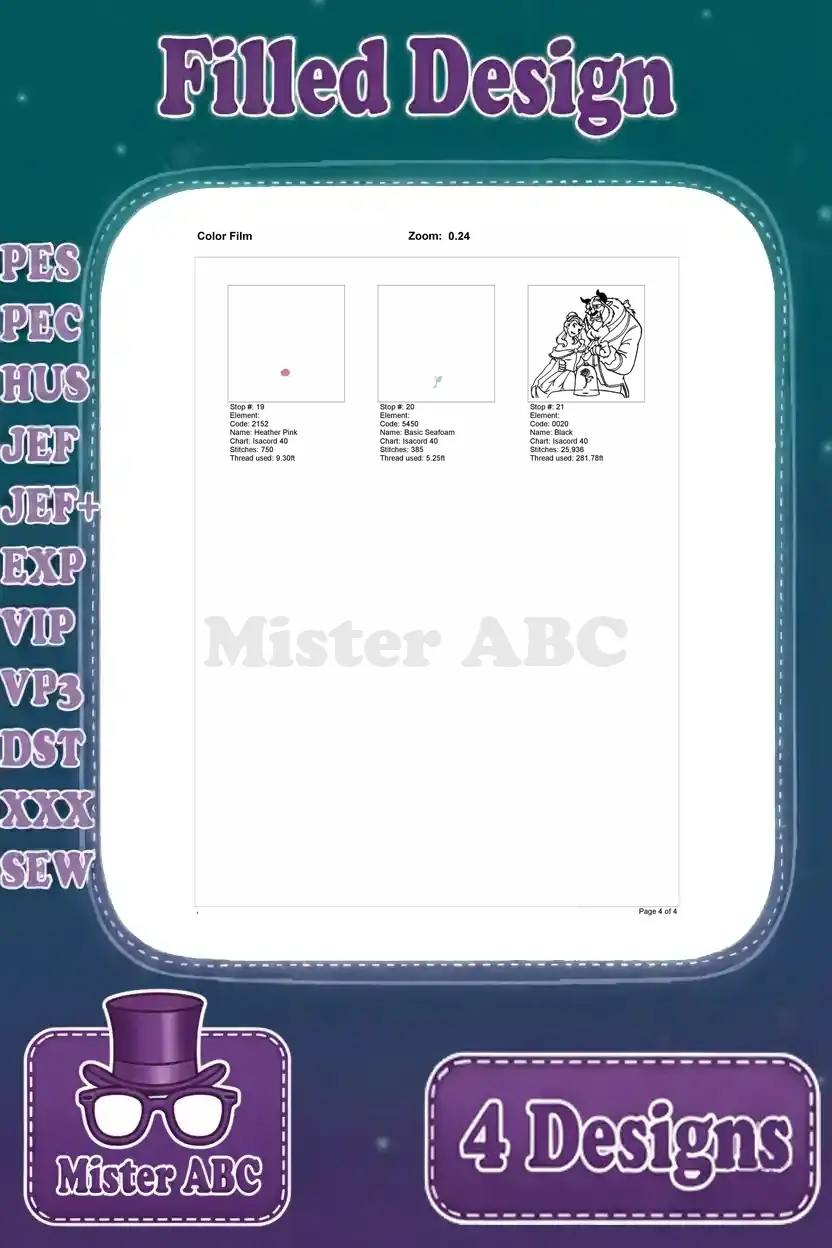 Color film page 4 for the third Belle and Beast design, displaying the final thread stops and design outline.