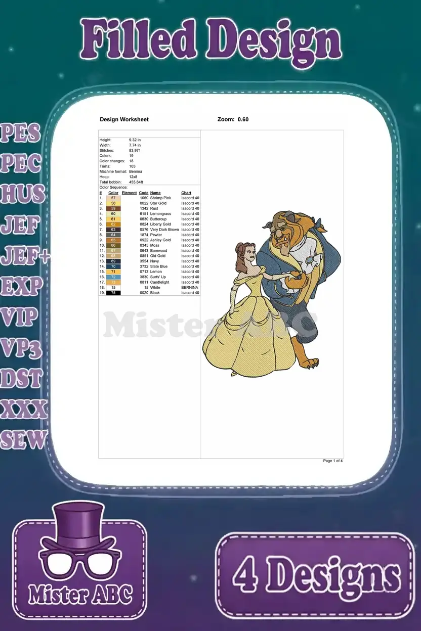 Design worksheet for the fourth Belle and Beast embroidery, detailing stitch count, dimensions, and colors.