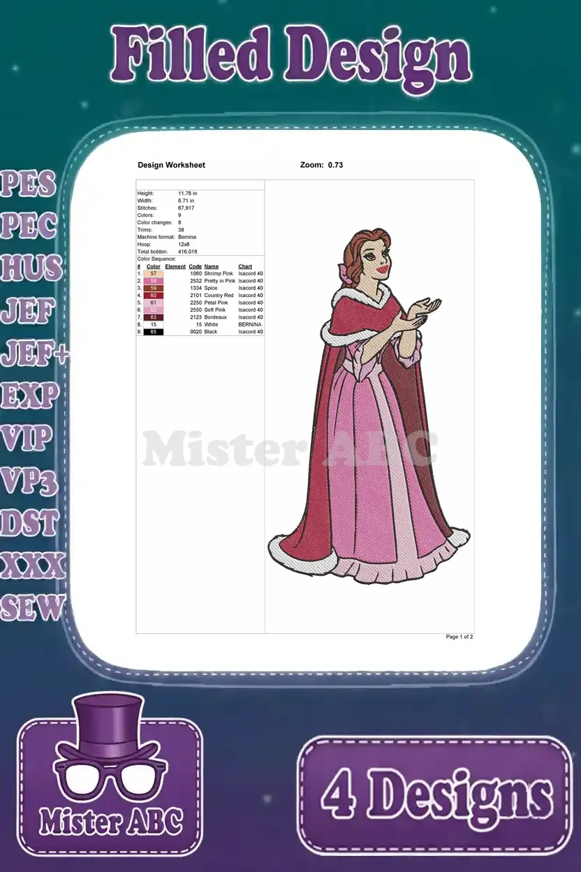 Detailed embroidery design worksheet for Belle in a red cloak, showing stitch count, color sequence, and dimensions.