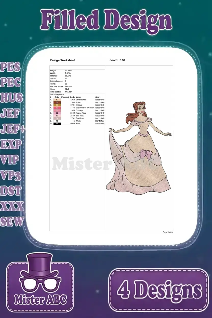 Detailed embroidery design worksheet for Belle in her classic ball gown, including stitch counts and color specifications.