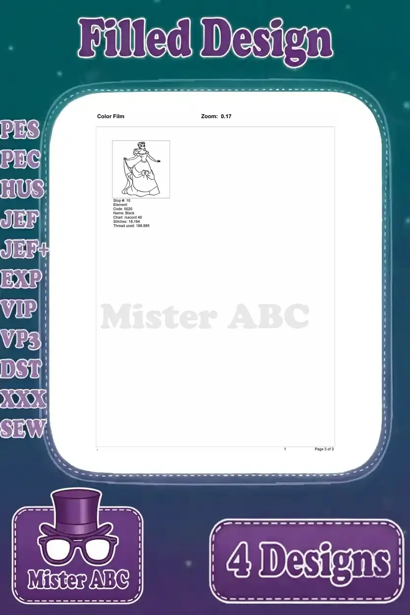 Second page of the color film for Belle in her ball gown, showing the concluding embroidery layers and final thread stops.