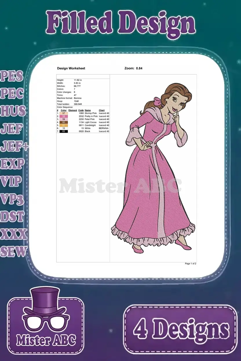 Detailed embroidery design worksheet for Belle in a flowing pink robe, specifying stitch count and thread colors.