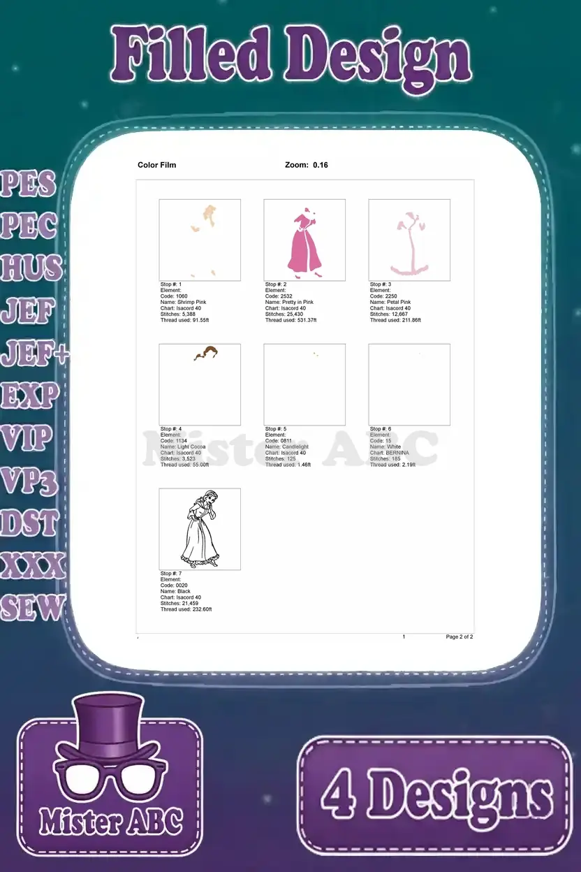 Color film visualization for the Belle in pink robe embroidery design, detailing layers and thread change sequence.