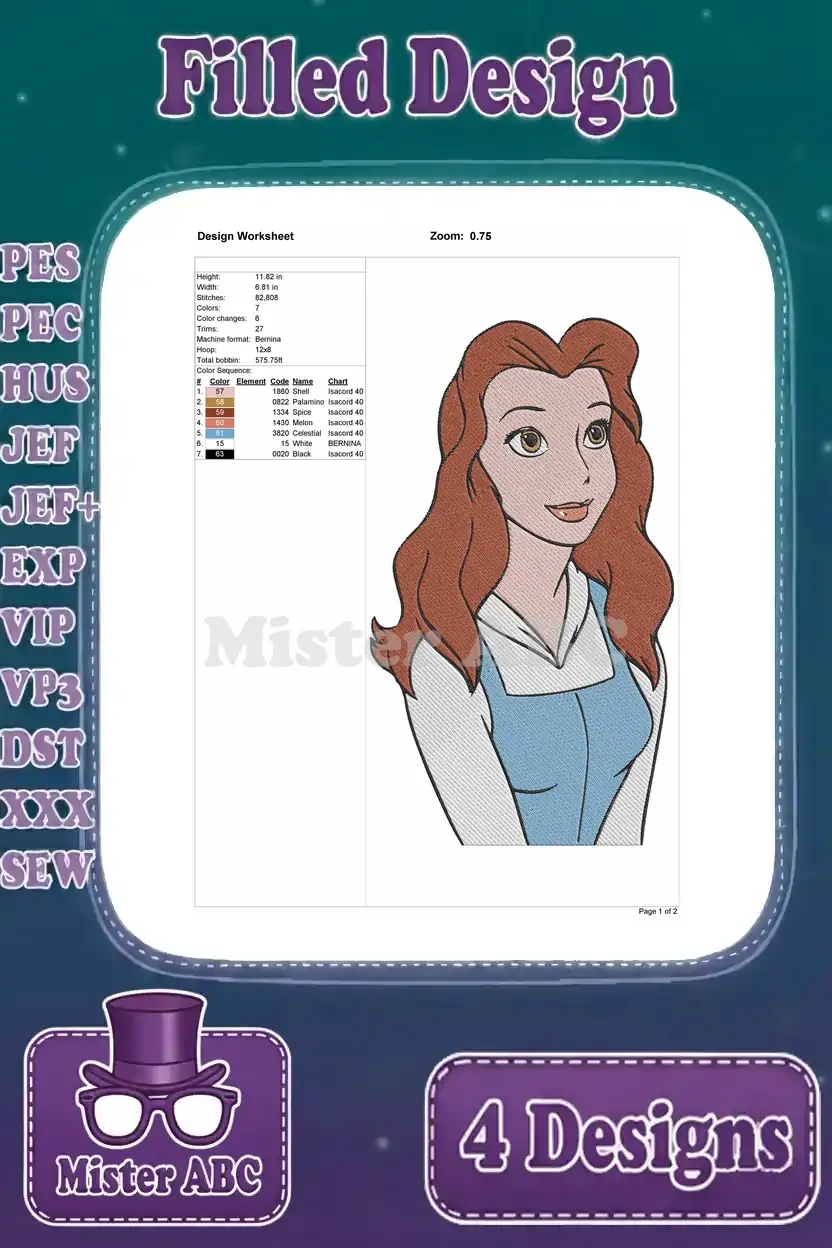Detailed embroidery design worksheet for Belle's bust in her peasant dress, including stitch count and color chart.