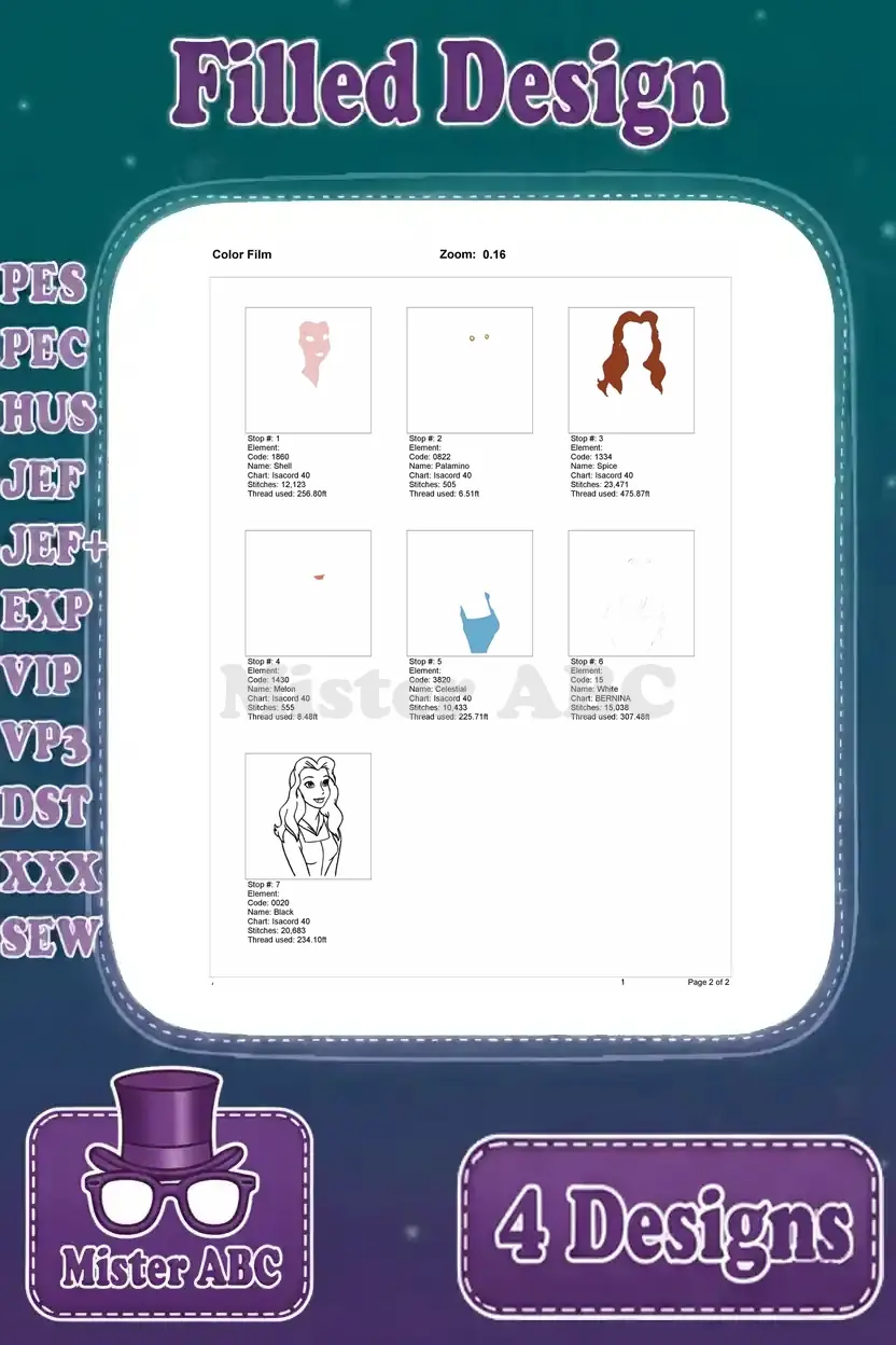 Color film visualization for Belle's bust embroidery design, showing individual stitch layers and thread stops.
