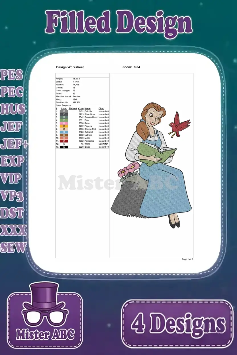 Detailed design worksheet for a Belle embroidery design, showing her sitting and reading with a red bird.