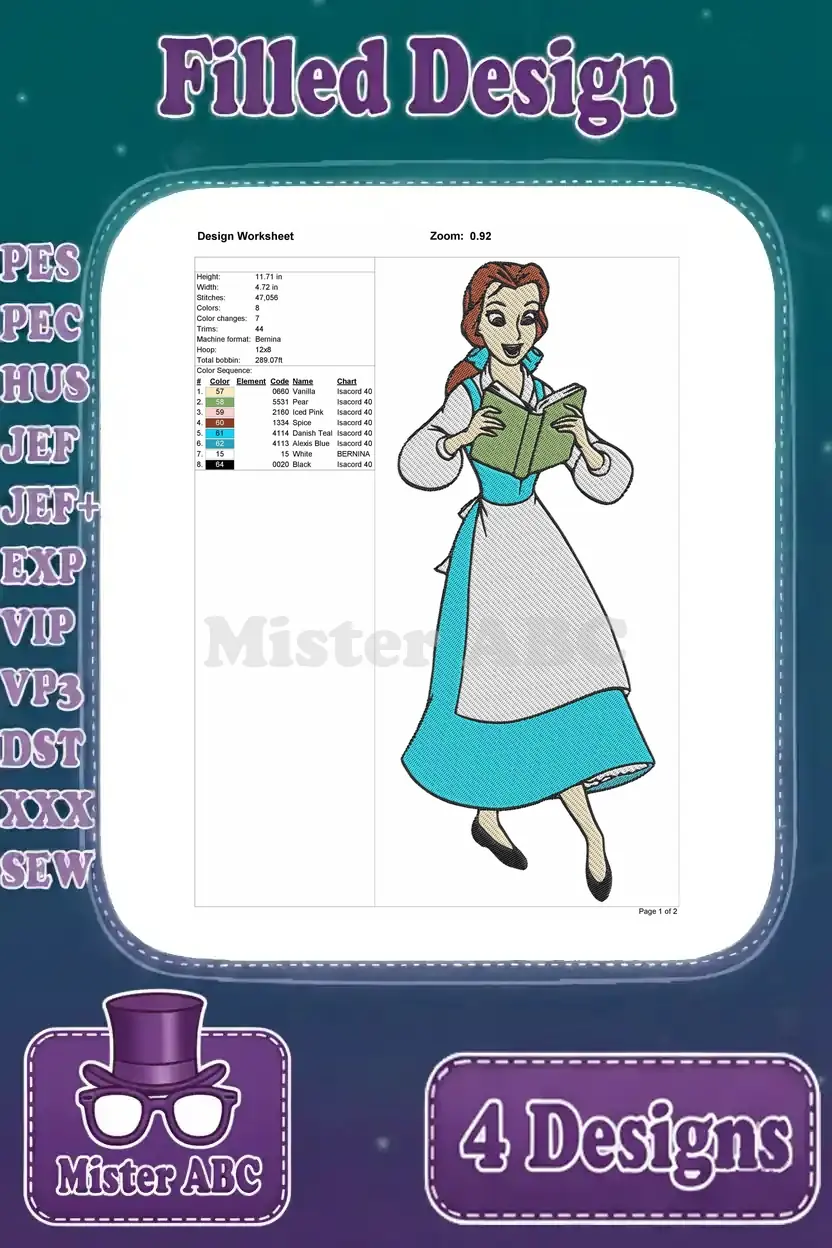 Detailed design worksheet for a Belle embroidery design, showing her in a blue dress and white apron.