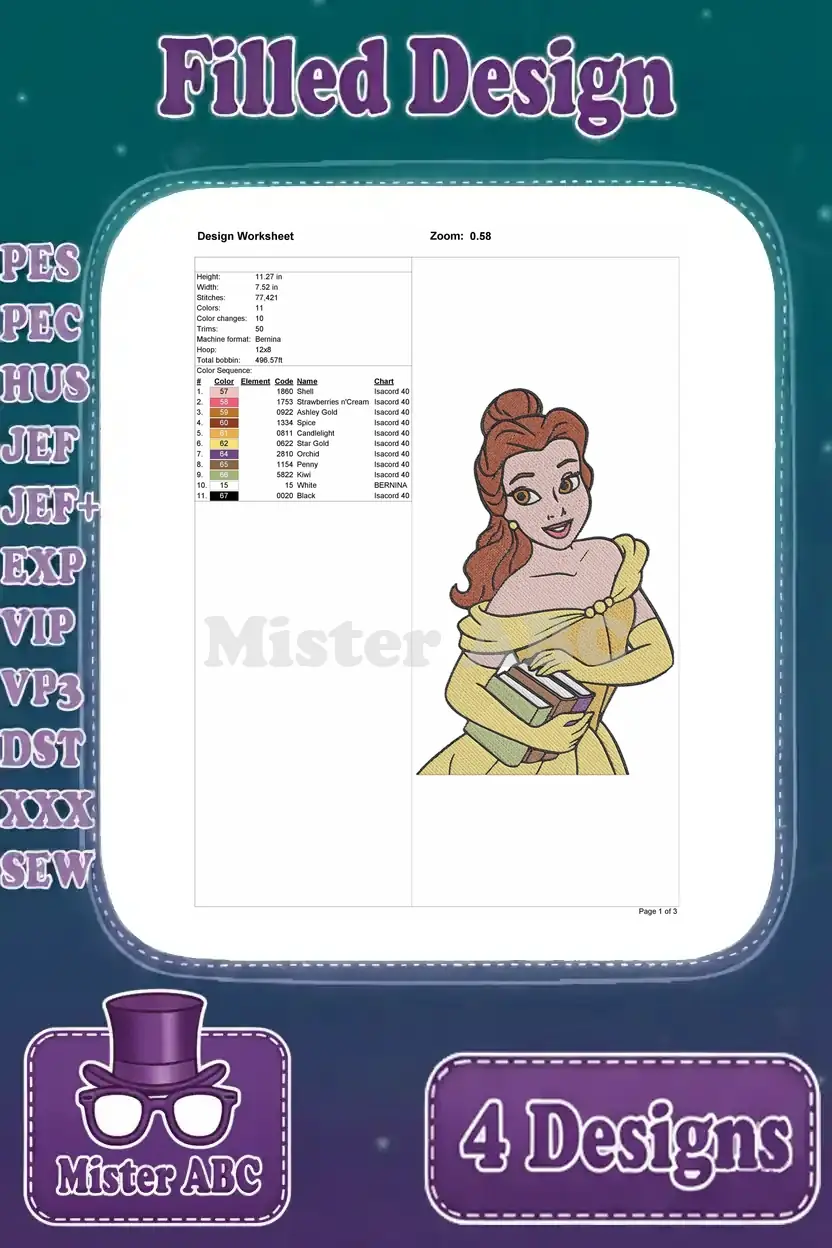 Detailed design worksheet for a Belle embroidery design, showing her in a yellow off-shoulder top with books.