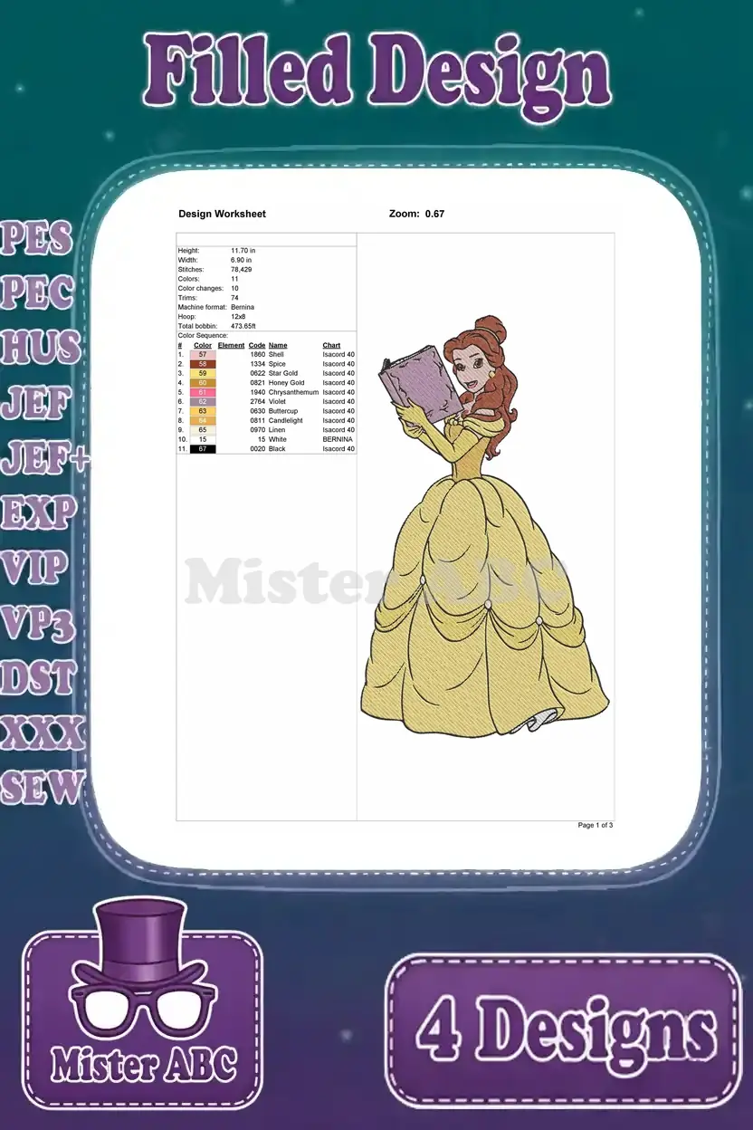 Detailed design worksheet for a Belle embroidery design, showing her in her iconic yellow ball gown.