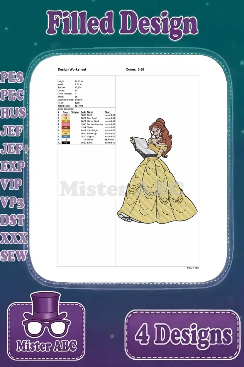 Design worksheet for the standing Belle embroidery in her yellow gown, detailing stitch count and color stops.