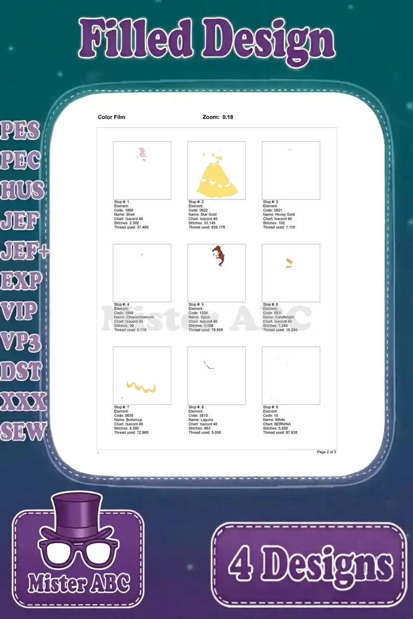 First page of the color film for the standing Belle embroidery design, showing initial stitch layers.