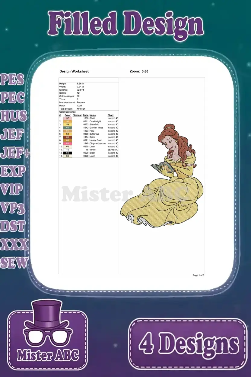Design worksheet for the sitting Belle embroidery in her yellow gown, detailing stitch count and color stops.