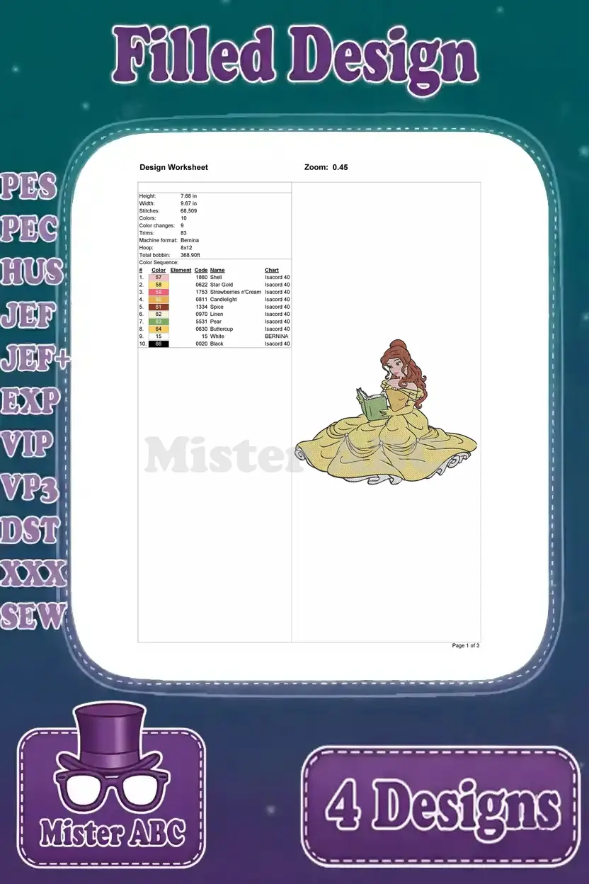 Design worksheet for Belle sitting on the ground in her yellow gown, detailing stitch count and color stops.