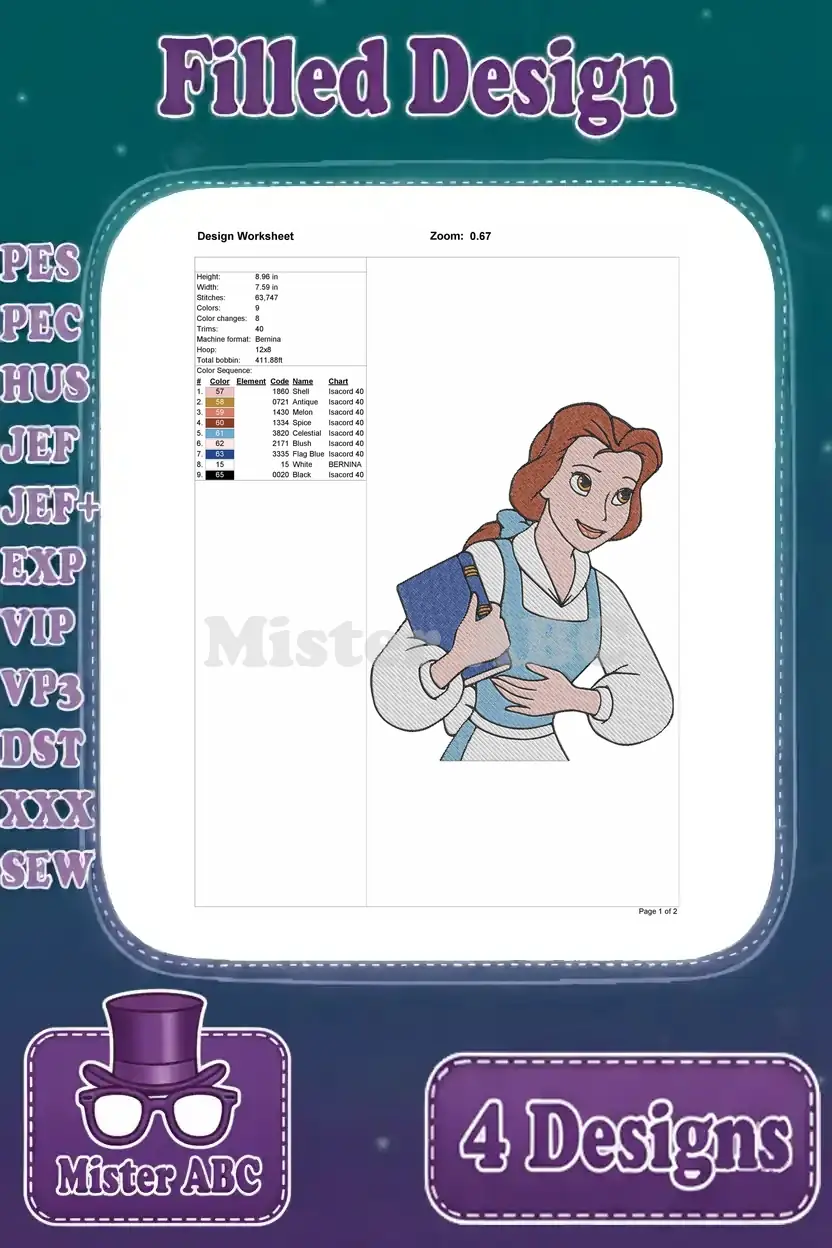 Design worksheet for Belle in her village dress, holding a book, detailing stitch count and color stops.