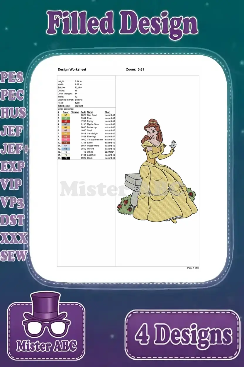 Detailed design worksheet for Belle seated in her yellow ballgown, outlining stitch count, colors, and size.