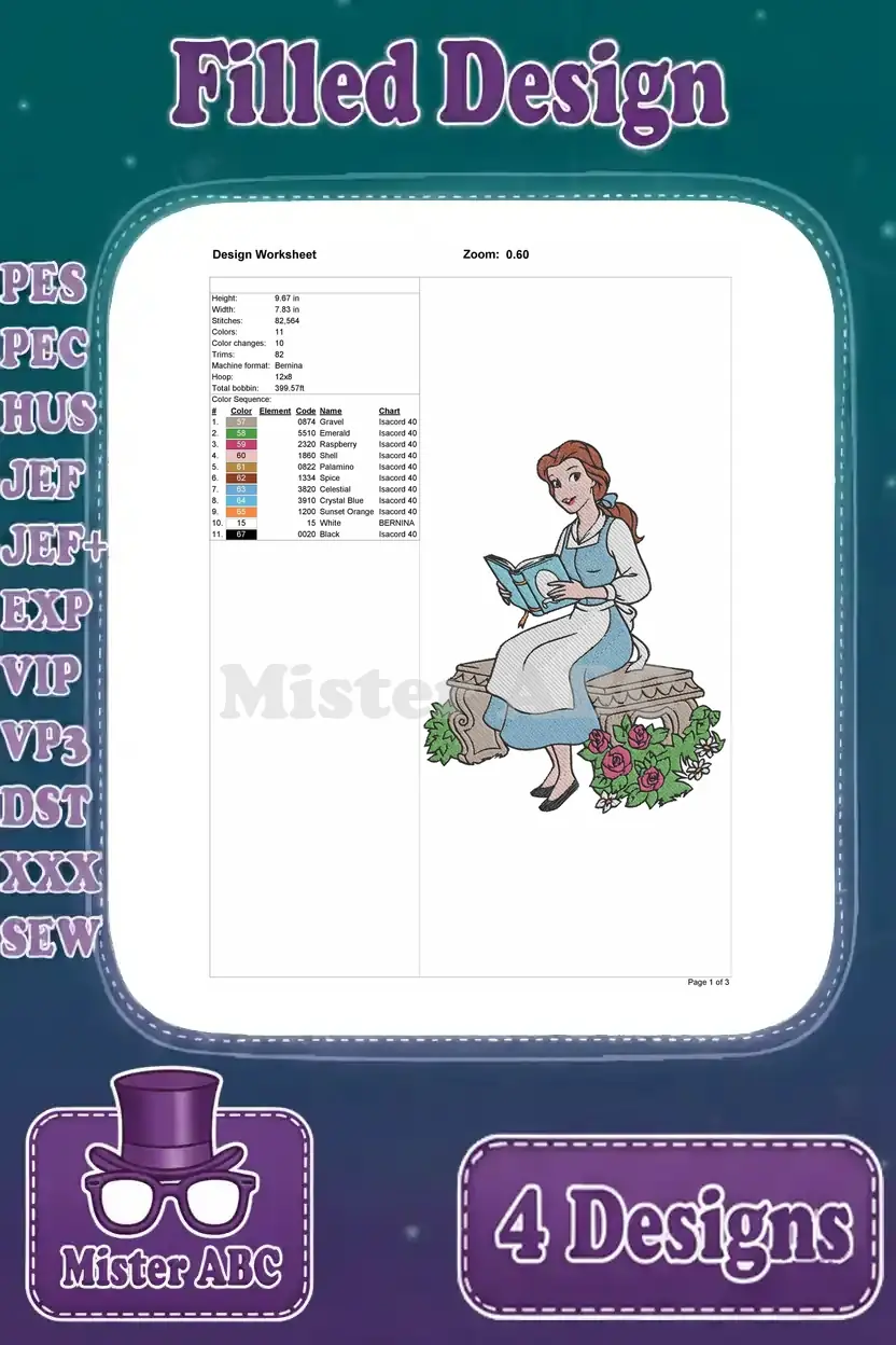 Comprehensive design worksheet for Belle reading in her blue dress, detailing stitches, colors, and dimensions.