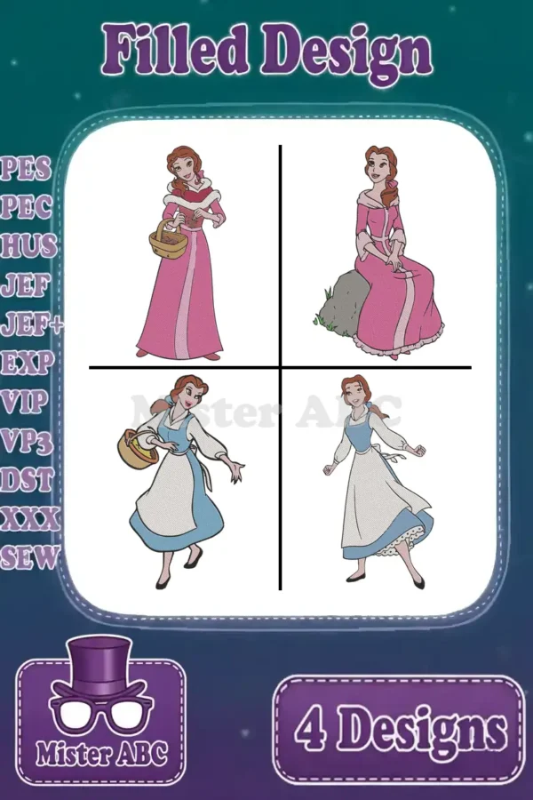 Four charming Belle embroidery designs, showcasing her in various iconic outfits and poses, ready for digital download.