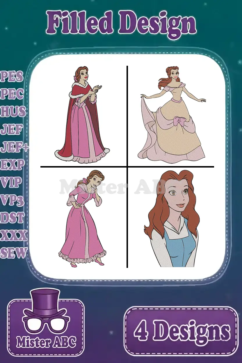 A captivating bundle of four Belle embroidery designs, showcasing her in various iconic outfits and poses, ready for crafting.