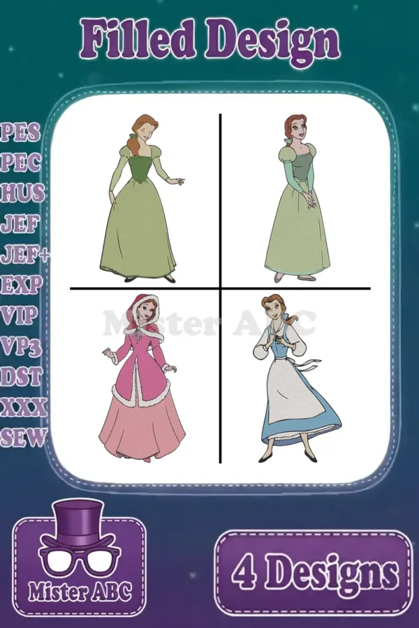 Four beautiful filled embroidery designs of Belle from Beauty and the Beast in various classic outfits.