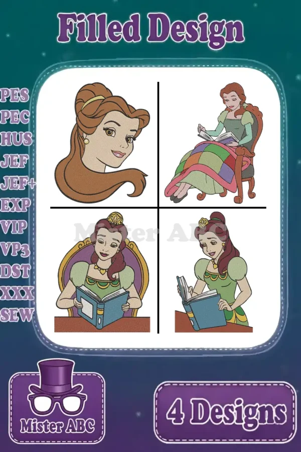 A vibrant collage showcasing four distinct filled embroidery designs of Belle from Beauty and the Beast, reading and posing gracefully.