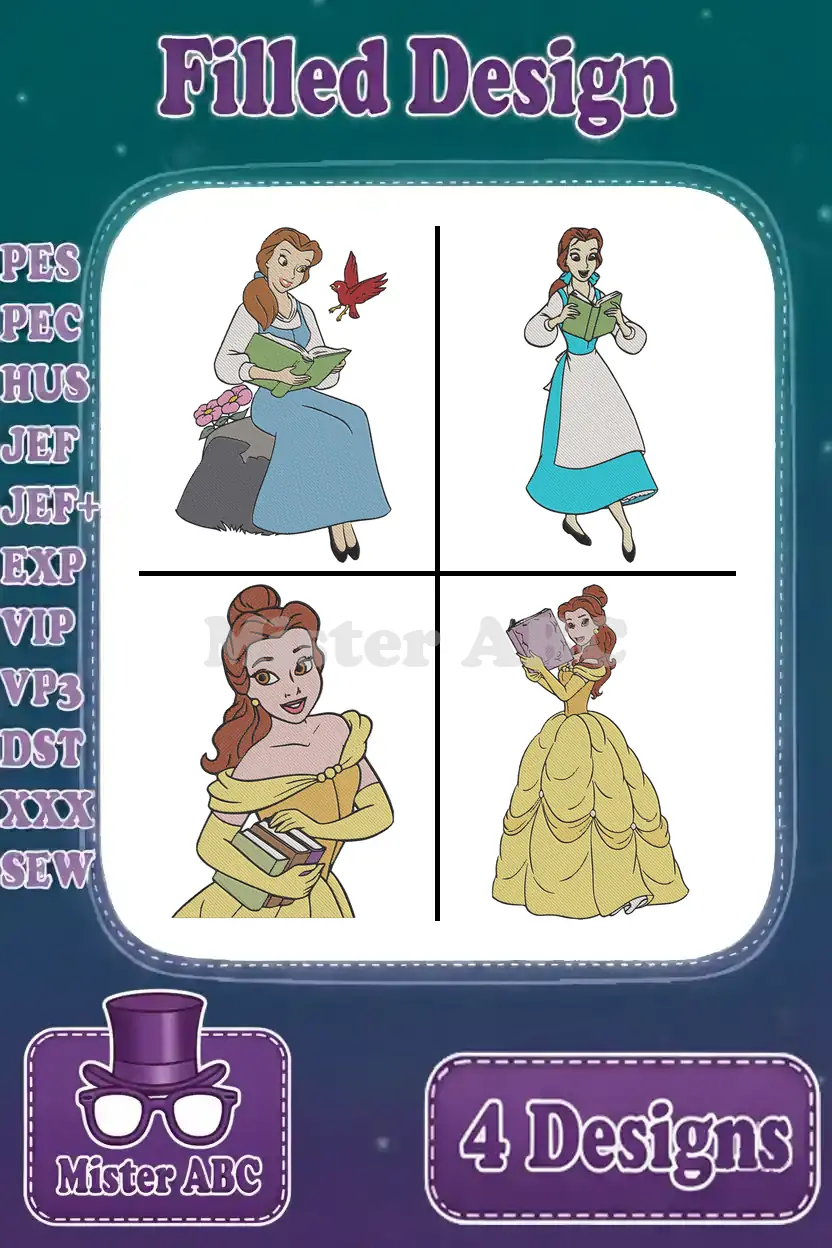 A vibrant collage showcasing four distinct filled embroidery designs of Belle from Beauty and the Beast.