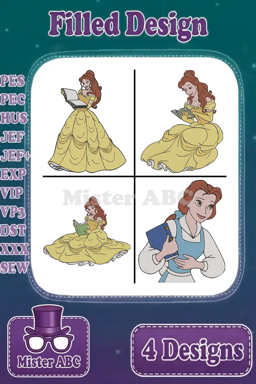 Four filled embroidery designs of Belle from Beauty and the Beast, showcasing her in various reading poses.