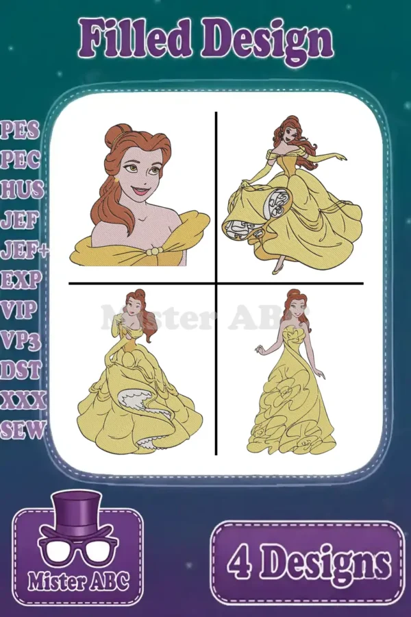 A vibrant display of four Belle filled embroidery designs, showcasing different poses in her iconic yellow gown.