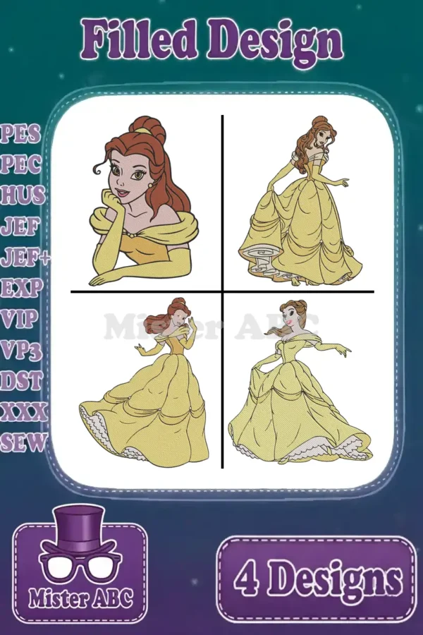 Four beautiful filled embroidery designs of Princess Belle in her classic yellow gown, showcasing various poses.