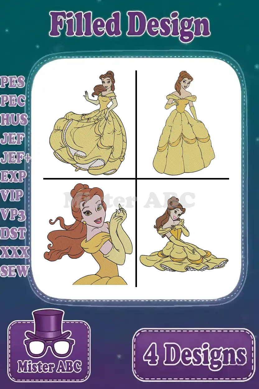 A grid of four beautiful Belle filled embroidery designs, showcasing various poses of the Disney princess in her yellow gown.