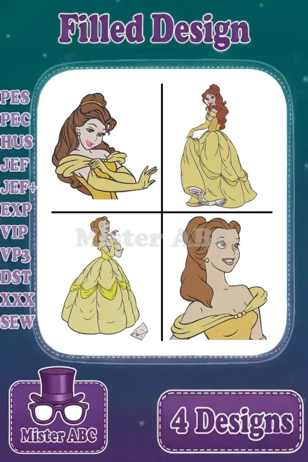 Four elegant filled embroidery designs featuring Belle from Beauty and the Beast in various charming poses. Perfect for fans.