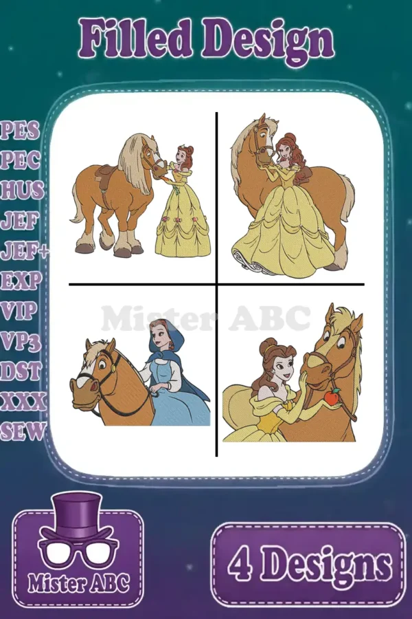 A vibrant display of four filled embroidery designs featuring Belle and Philippe in various heartwarming poses. Ideal for Disney projects.