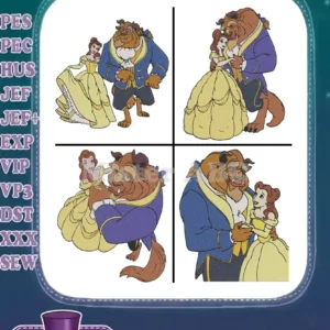 Four vibrant filled embroidery designs featuring Belle and the Beast in various romantic and iconic poses.