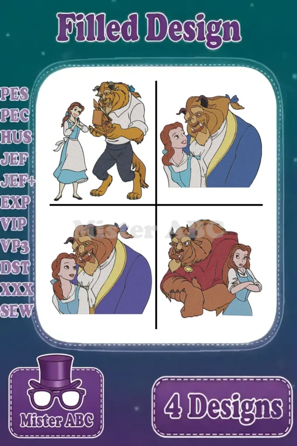 Four filled embroidery designs featuring Belle and the Beast in various romantic and iconic poses, ready for stitching.