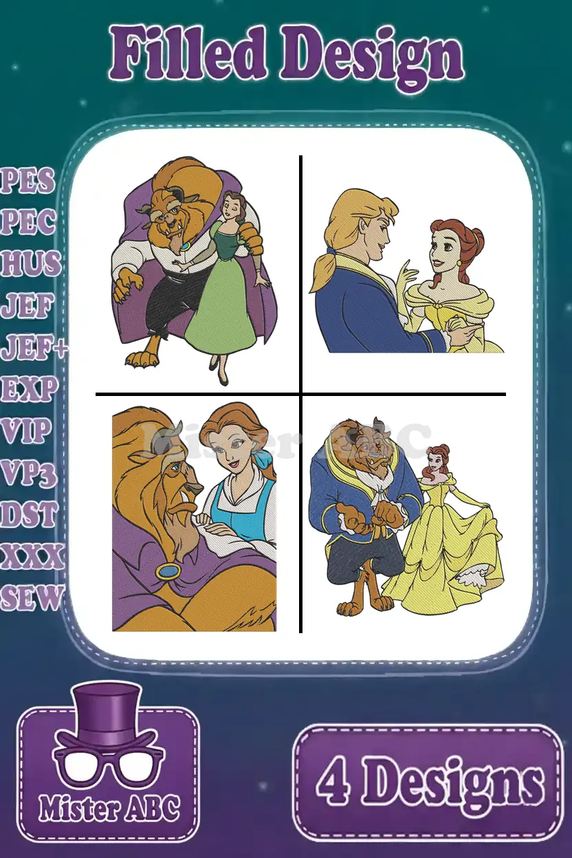 A vibrant collage showcasing four distinct filled embroidery designs of Belle and the Beast, including Prince Adam. Displays various file formats.