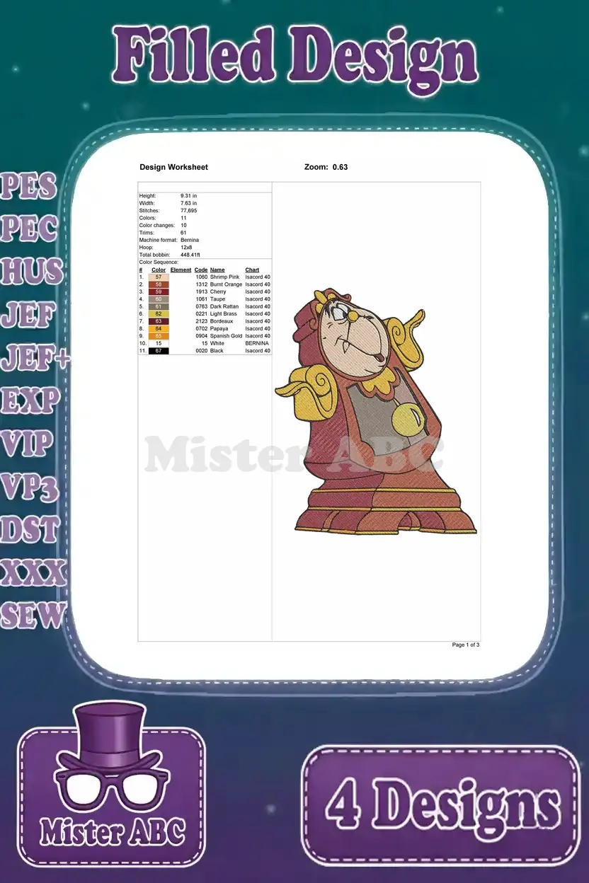 Detailed embroidery design worksheet for the first Cogsworth pose, showing stitch count, colors, and dimensions.