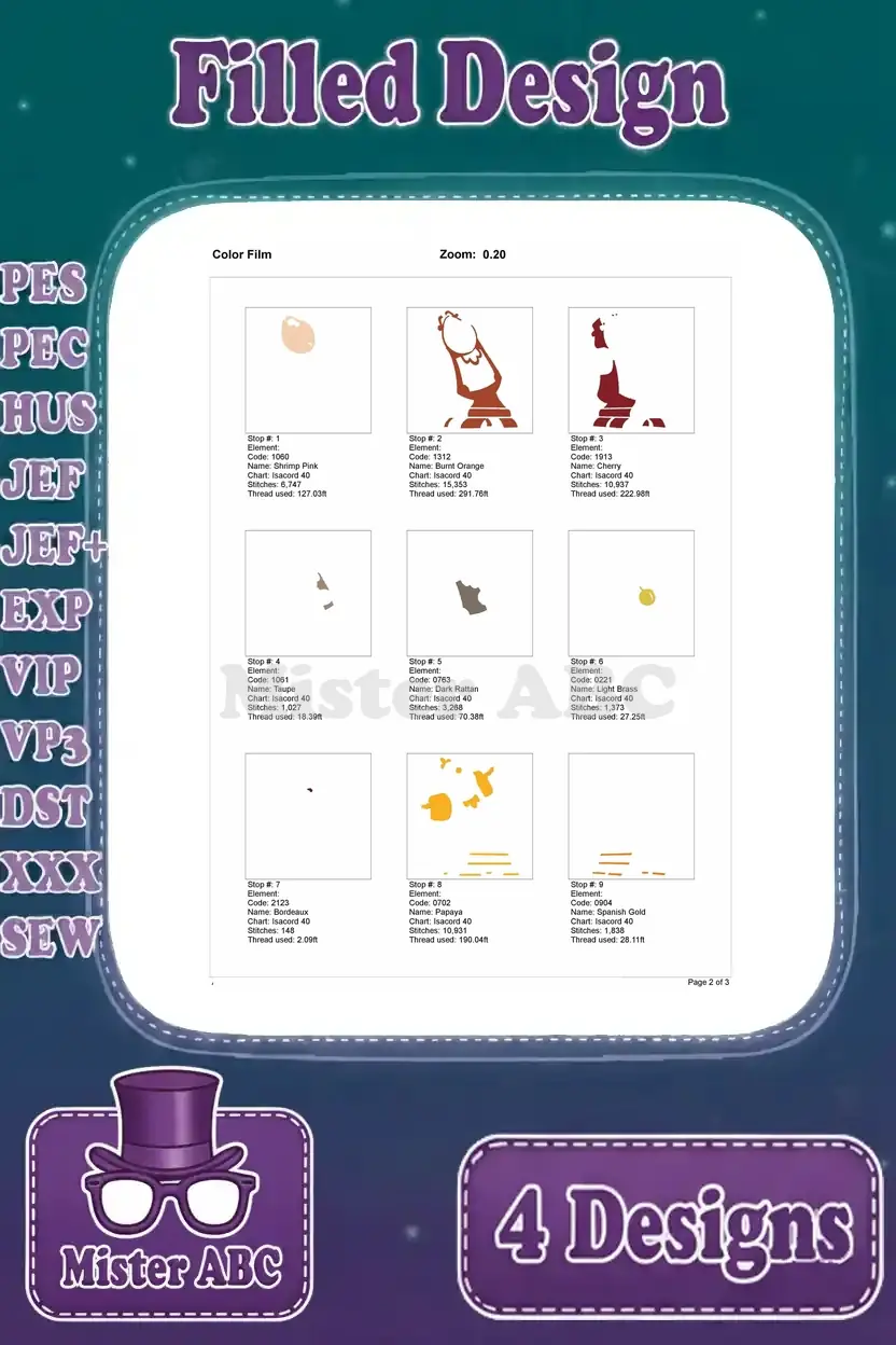 Color film page 1 for Cogsworth design 1, illustrating the sequence of color stops for embroidery.