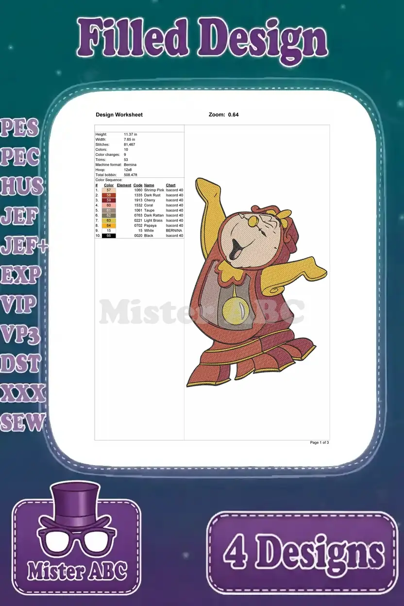 Detailed embroidery design worksheet for the second Cogsworth pose, showing stitch count, colors, and dimensions.