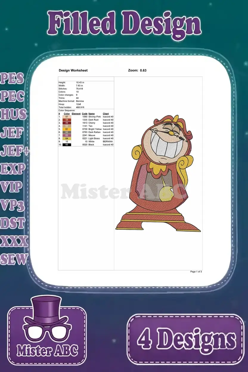 Detailed embroidery design worksheet for the third Cogsworth pose, showing stitch count, colors, and dimensions.