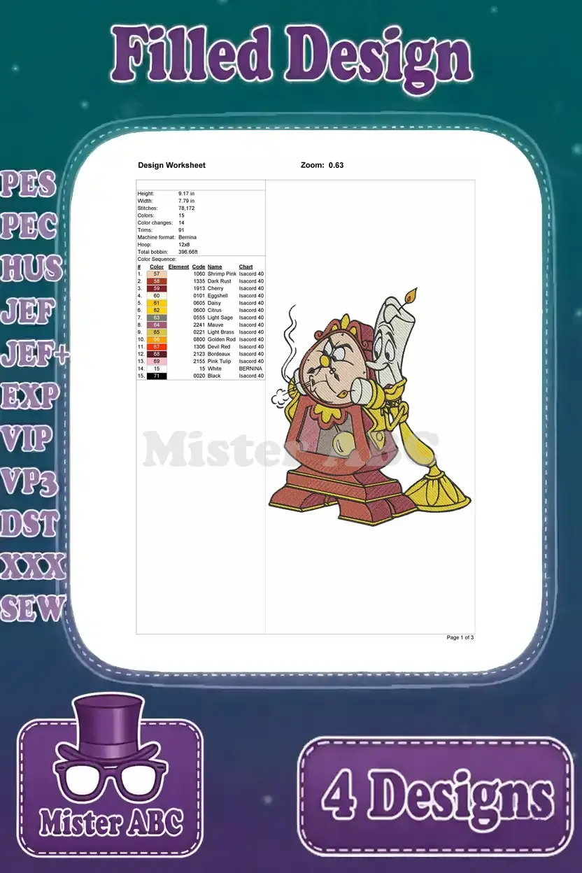 Detailed design worksheet for a filled embroidery of Cogsworth and Lumiere, showing stitch count and color chart.