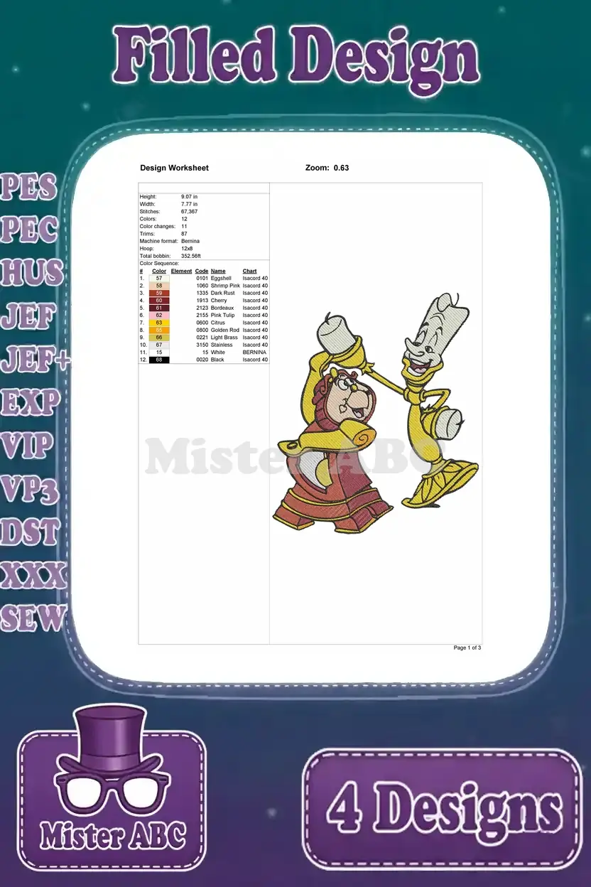 Design worksheet for the second filled embroidery of Cogsworth and Lumiere, detailing stitch information.